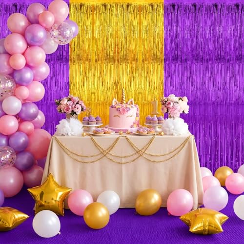 Purple and Gold Carpet Runner Aisle 2.6 x 30 Feet with Carpet Tape & Tassel Curtains
