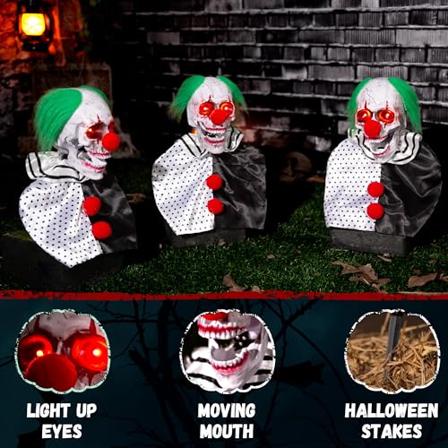 Halloween Animatronics Clown Pathway Markers - Floating Scary Skull, Light Up Eyes, Sound Activated, 3-Pack - Indoor & Outdoor Haunted Decorations