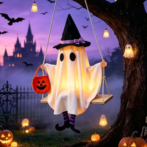 White Swinging Ghost Halloween Decor with LED Lights - Outdoor & Indoor