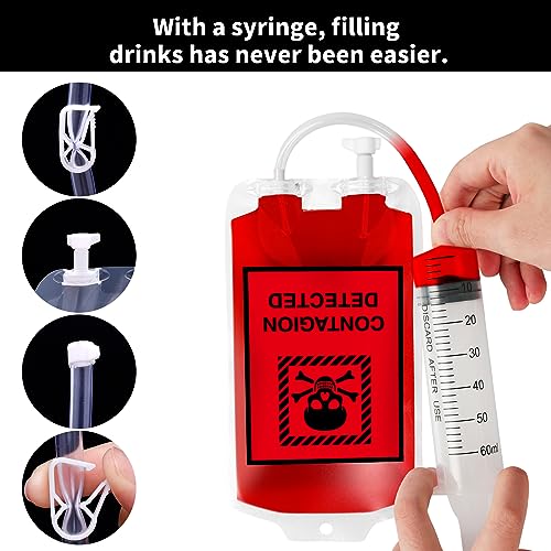 Halloween Blood Bag Props Set - Refillable Pouches with Straws & Filling Tools, Spooky Party Accessories