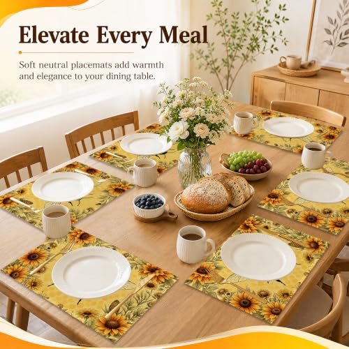 Farmhouse Bee Floral Linen Placemats Set of 6 - Waterproof Washable Table Mats