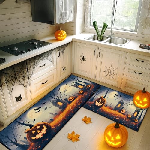 Halloween Pumpkin Kitchen Rugs Set of 2 Non Slip Washable ArtSocket - Variation 04