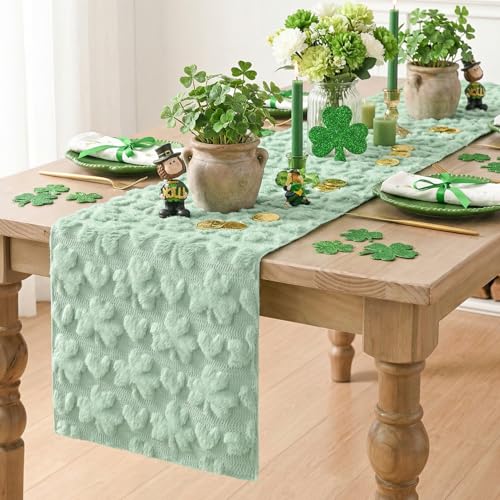 Sage Green Faux Fur Heart & Clover Table Runner 13x60 Inch Seasonal Kitchen Decor