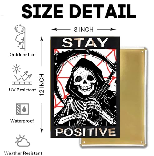 Stay Positive Skull Metal Tin Sign - Gothic Wall Decor for Home Bar & Halloween