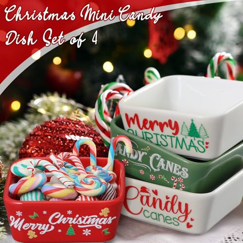 Christmas Candy Bowls Set - Ceramic Mini Square Dish with Holiday Patterns - 4 Pcs