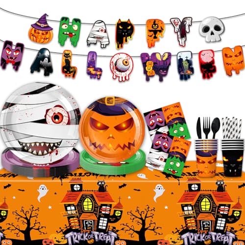 Halloween Party Supplies Set - Monster, Pumpkin & Vampire Theme - Disposable Tableware & Decorations