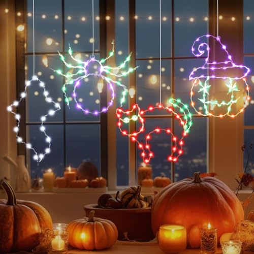 Halloween Indoor Window Decorations Lights 4 Pack - Ghosts Pumpkins Spiders with Remote