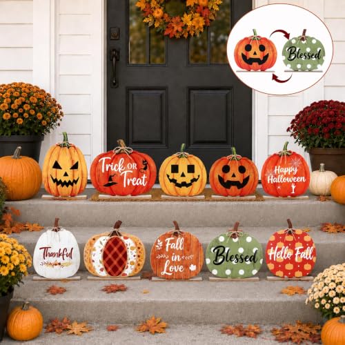 5 Pack Double-Sided Wooden Pumpkin Porch Signs for Fall Halloween Thanksgiving Yard Decor