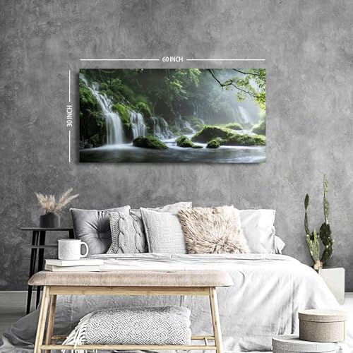 Forest Waterfall Canvas Wall Art - 57.8" x 30" Green Forest Nature Landscape Painting for Living Room & Bedroom - Waterfall Water Scene Wall Decor