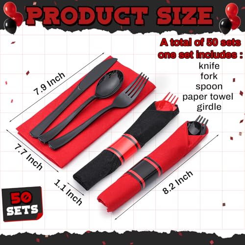 Halloween Disposable Silverware Set - Red & Black, 50 Sets, Pre-Rolled Utensils & Napkins