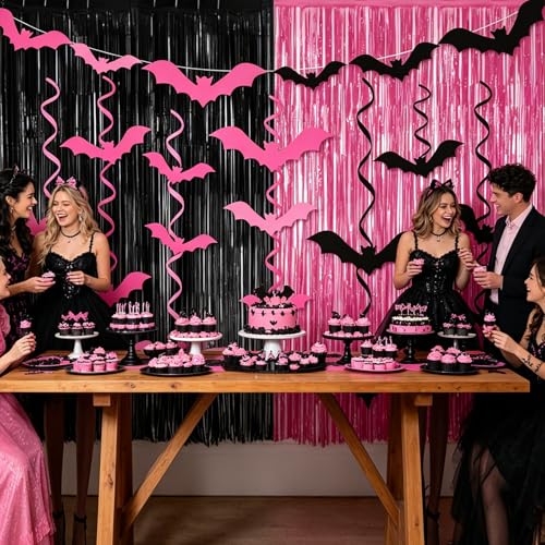 Pink Halloween Party Decorations with Fringe Curtains and Bat Design - Pink & Black Variation