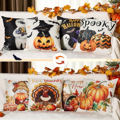 Amyhill 4-Pack Fall Pillow Covers 18x18 Inch Halloween & Thanksgiving Retro Design