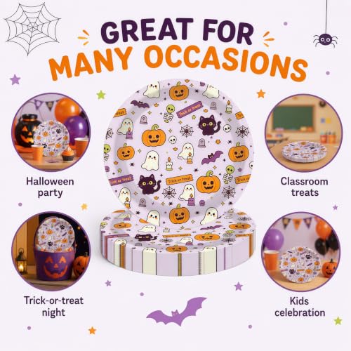 Halloween Paper Plates - 50 Count 7-Inch Dessert Plates - Spooky Cute Halloween Design