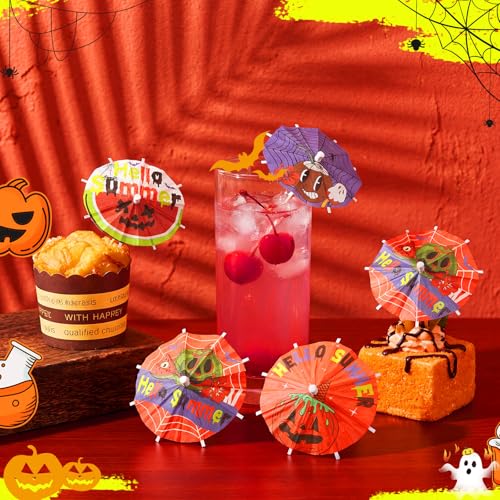 100 Pcs Summer Halloween Cocktail Umbrellas & Cake Topper Picks - Tropical Spooky Party Decor