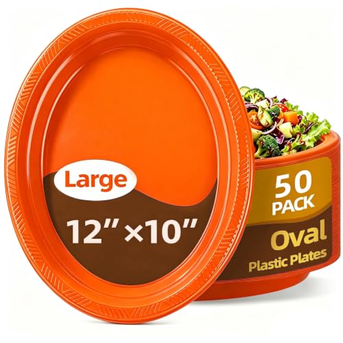 Orange Plastic Plates - 50 Count, 10x12 Inch Oval Disposable Tableware