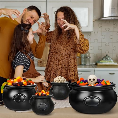 5 Pack Halloween Cauldron Candy Holders - Black Plastic Witch Decor Set