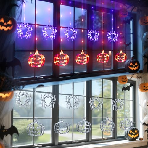 Halloween Window Curtain Lights with Spider and Pumpkin Decorations - Indoor String Lights, 8 Modes, Timer