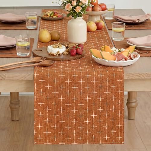 Caramel Cross-Star Textured Table Runner 13x72 Inch Waterproof Rustic Decor