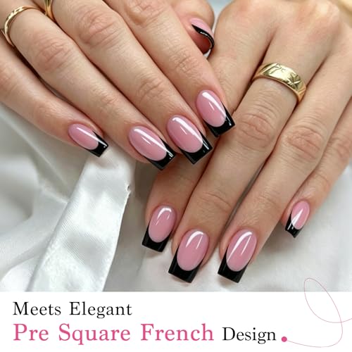 Black French Tip Press-On Nails Set - Short Square 150 Pcs with Deep Pink & Black Variation