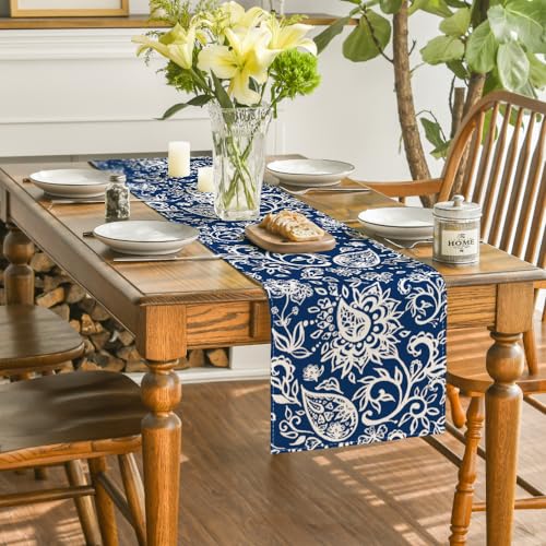 Blue Floral Paisley Table Runner - 13 x 90 Inch Spring Kitchen Decor