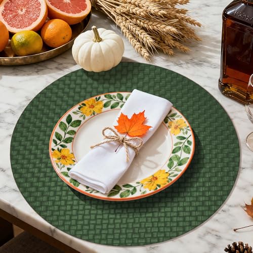 Green Faux Leather Double Decker Round Placemats Set of 6 - Heat-Resistant Waterproof Table Mats