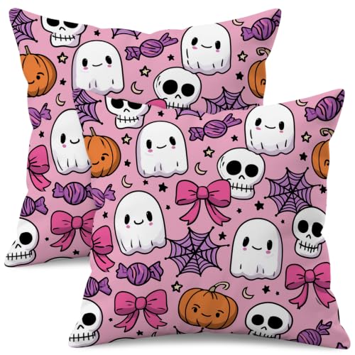 Pink Ghost Skull Throw Pillow Covers 20x20 Inch Set of 2 Halloween Cushion Covers - Pink Ghost Variation