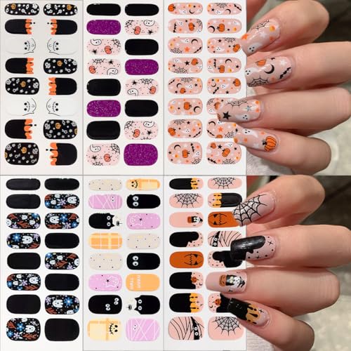 Halloween Ghost Pumpkin Spider Web Nail Stickers - 6 Sheets Halloween Nail Art Wraps with 3D Self-Adhesive Designs - Variation of THIS listing