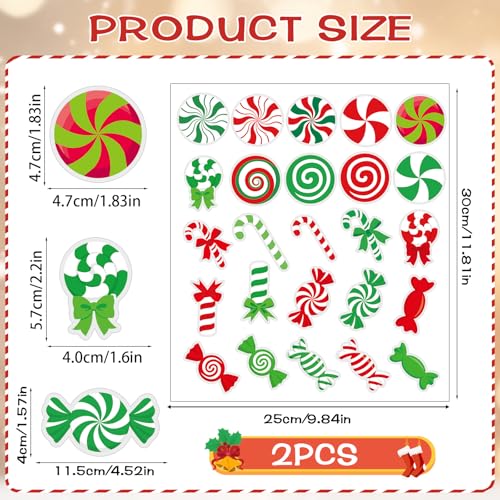 Candy Cane Christmas Gel Window Clings - Peppermint Lollipop Design, 50 Pack
