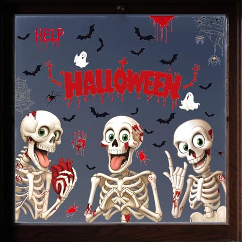 Halloween Window Clings 4 Sheet Set - Skeleton Bats Ghost Spider Decorations