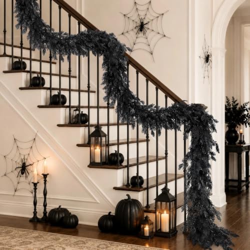 Halloween Garland 8.9FT Black Artificial Decor for Mantle Fireplace & Porch - Real Touch Cedar Cypress Pine - Variation 1
