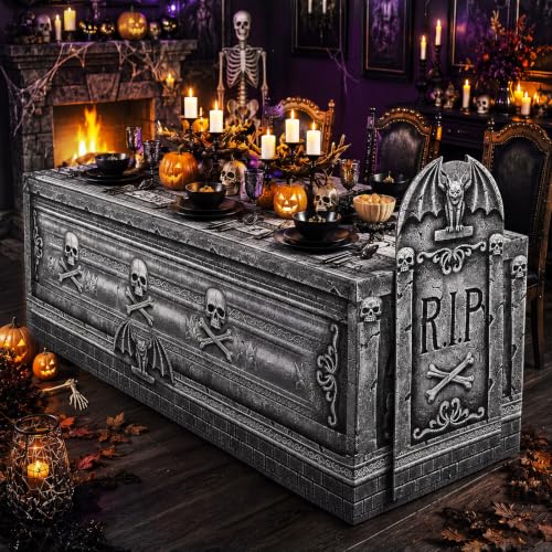 Halloween Tombstone Table Decoration Set with Cardboard Cutout & Cover - Spooky Cemetery Theme - Tombstones Variation