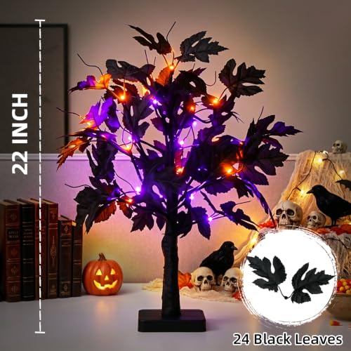 PEIDUO Halloween Black Tree Lights with Removable Leaves and 24 LEDs - Indoor Spooky Decor