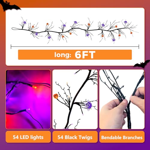 Halloween Willow Vine Twig Lights - Pumpkin & Bat Decor Set, 6ft Waterproof String with Timer
