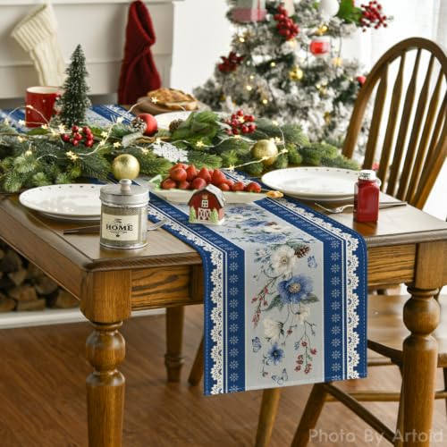 Artoid Mode Printed Lace Floral Table Runner 13x72 Inches Beige Blue Variation