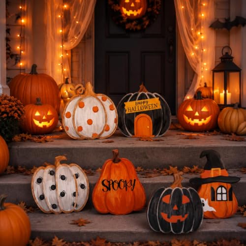 6-Pack Halloween Wooden Porch Signs Pumpkin Ghost Spider Spooky Decorations