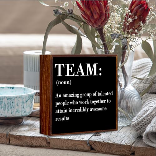 Inspirational Office Decor Wooden Box Sign - Rustic Teamwork Noun Plaque, 5x5 Inches