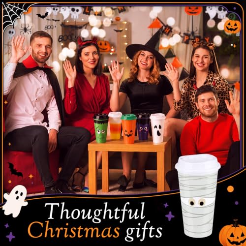 Halloween Reusable Coffee Cups with Lid - 12 Pack, 16 oz, Ghost & Monster Design - Grimace Variation