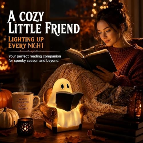Cute Ghost Book Lamp with LED Light - Halloween & Reading Nook Decor