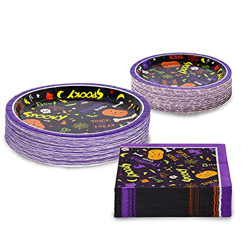 Halloween Disposable Paper Plates and Napkins Set - Spooky Party Supplies for 50 Guests
