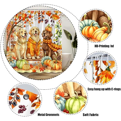Orange Fall Dog Shower Curtain with Pumpkin & Maple Leaves - 70x70 Inches, Rustic Bathroom Decor with Hooks