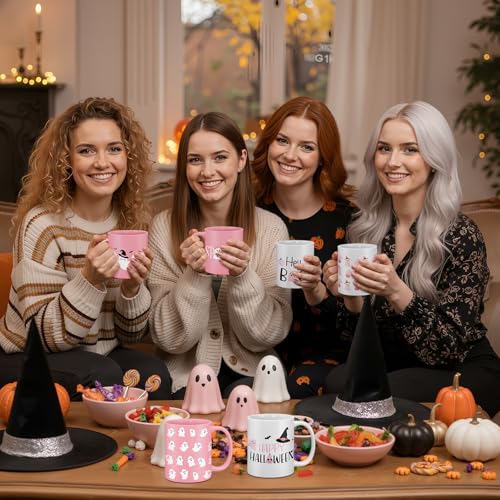 Pink Ghost Halloween Coffee Mug Set 6 Pcs - 12 oz Ceramic Cups for Women