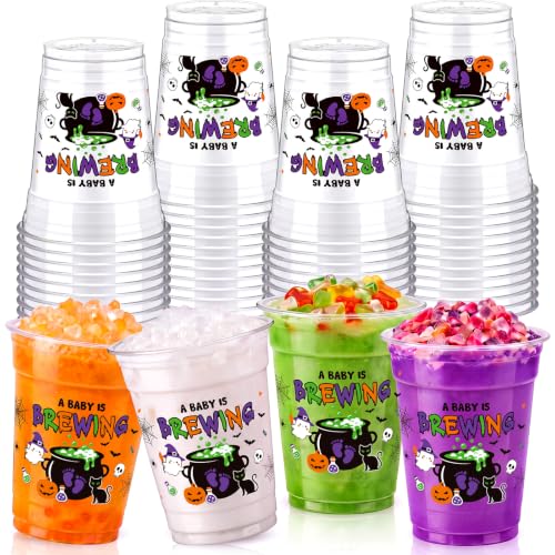 Halloween Baby Shower Cups - 50 Clear 12oz Plastic Cups with Spooky Cauldron & Ghost Design, Brewing Variation