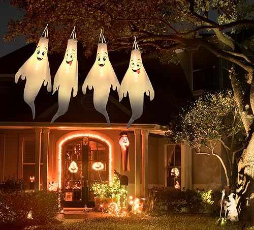 Halloween Ghost Decorations Outdoor Set - 4 Cute Hanging Ghosts with Timer & Waterproof LED Lights - Black+Pink
