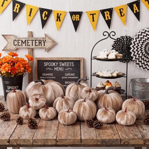 Artificial Velvet Pumpkins Set - Large Fake Halloween Decor, Champagne Variation