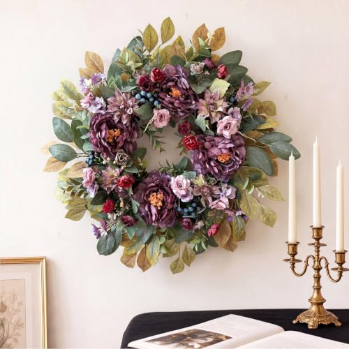Purple Fall Wreath for Front Door - 24 Inch Autumn Decoration, Handcrafted with Flowers & Berries