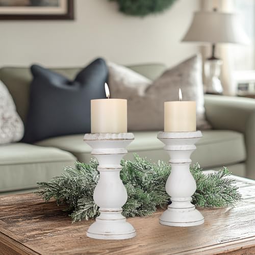 Antique White Wooden Candle Holders Set of 2 for Pillar Candles - Farmhouse Rustic Decor