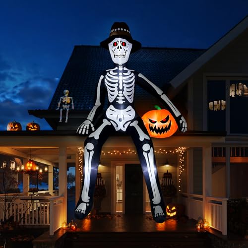 Black 10 ft Inflatable Skeleton Halloween Decor Outdoor - Giant Blow Up Skeleton with LED Lights