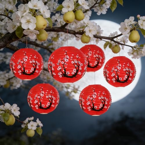 Red Paper Lanterns Set - 6 Pack 12-Inch Hanging Chinese & Japanese Decor for Festivals