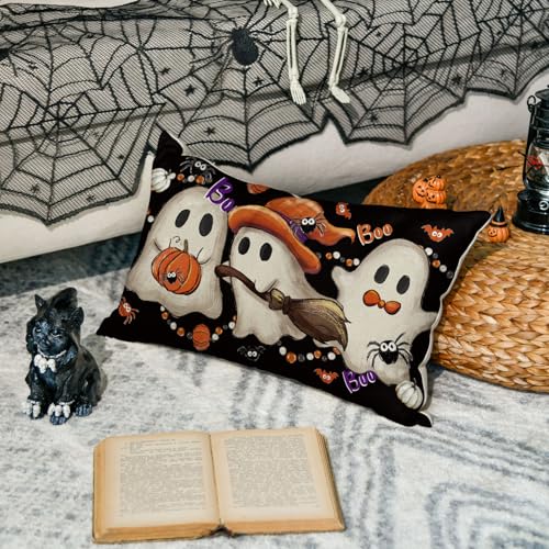 Halloween Ghost Wizard Throw Pillow Cover 12x20 Black Spooky Bat Pumpkin Cushion Case