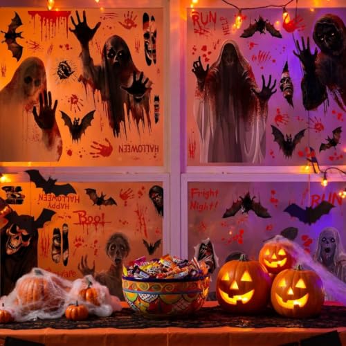 Halloween Window Clings Ghost Bat Witch Decorations - Reusable Static Vinyl Stickers - 8 Piece Set with Variations 1